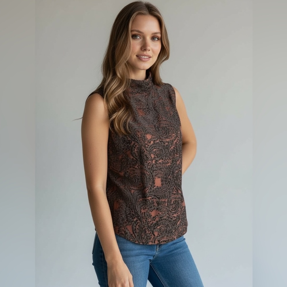 🔸BOGO50%Off-Sleeveless Mock Neck Top With Raised Velvet Details
